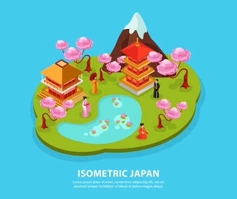 Japan culture landmarks tourist attractions isometric composition with cherry blossom fuji mountain temple carps kimono vector illustration