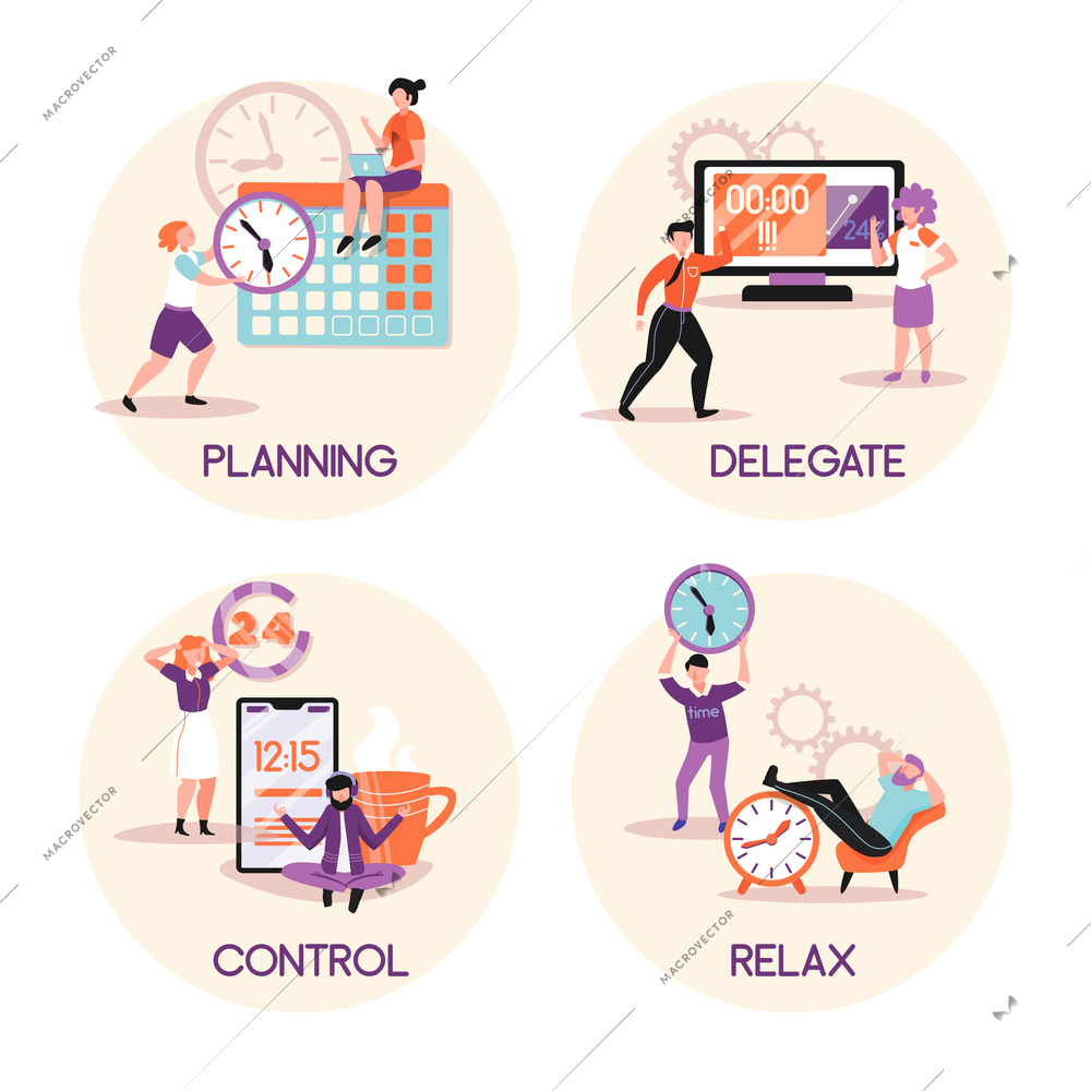 Time management concept 4 flat compositions with tasks planing delegating responsibilities relaxing control accomplishments isolated vector illustration