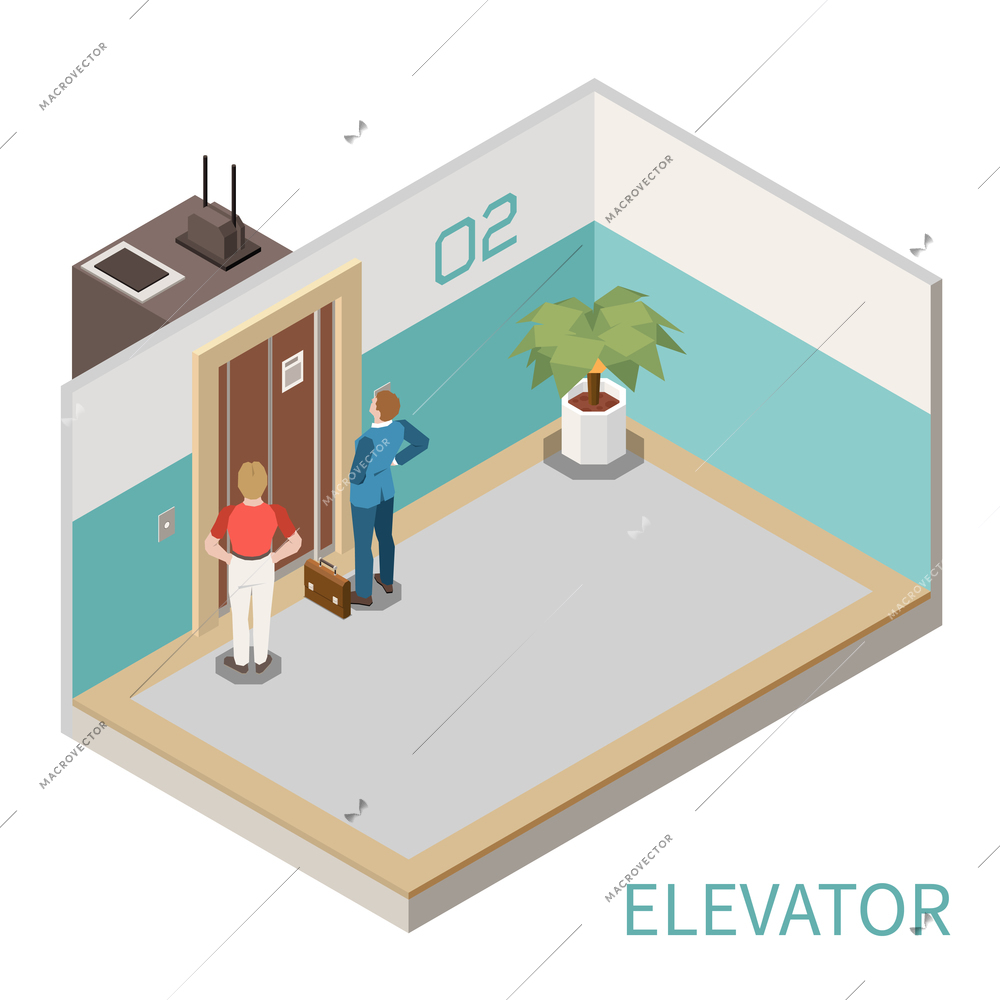 Isometric composition with two men waiting for elevator in hall 3d vector illustration