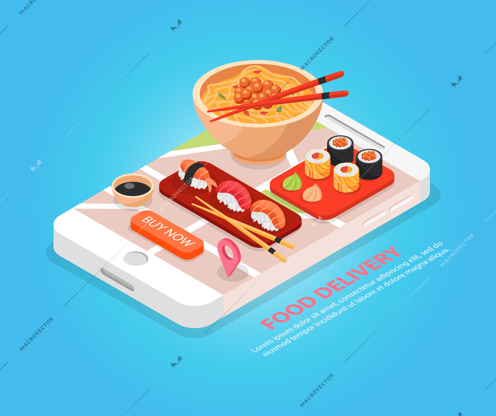 Japan food delivery online service isometric composition with sushi and noodle soup on smartphone screen vector illustration