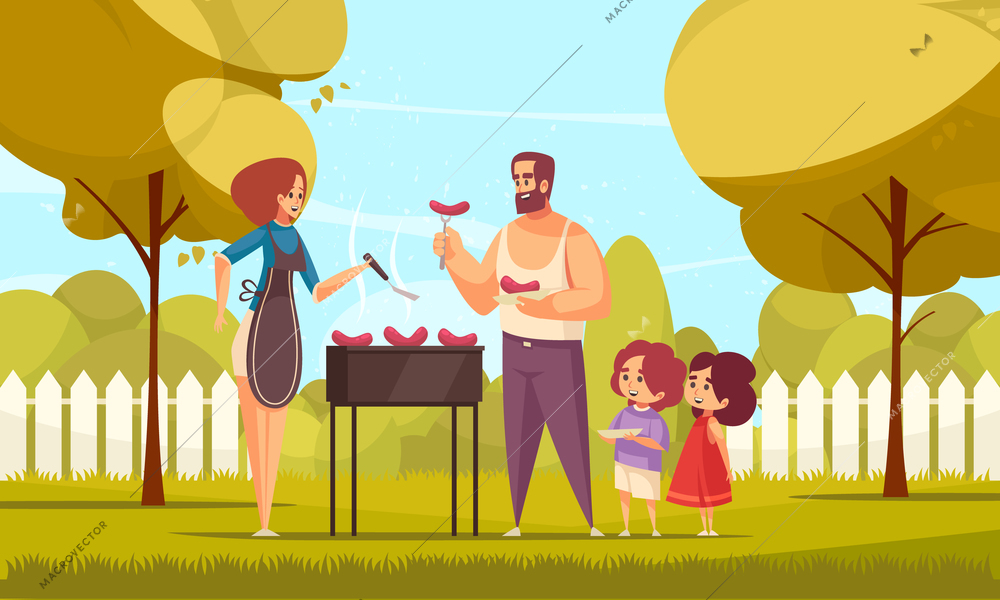 Bbq barbecue family composition with doodle characters of mom dad and their children in a backyard vector illustration