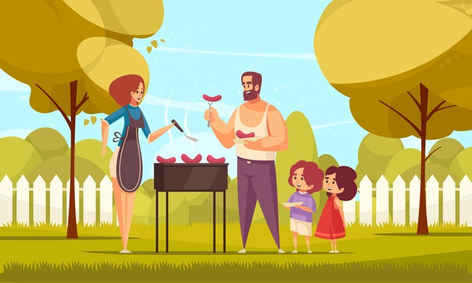 Bbq barbecue family composition with doodle characters of mom dad and their children in a backyard vector illustration