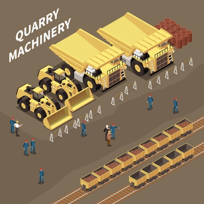 Isometric composition with quarry machinery carts with rocks and miners 3d vector illustration