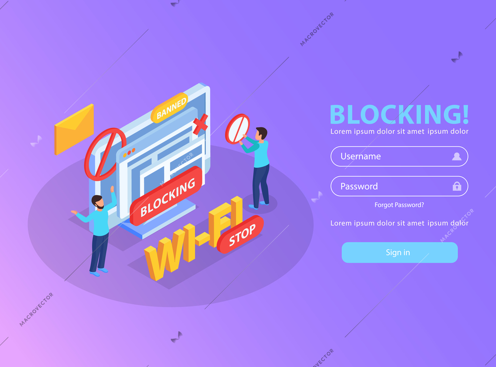 Blocking computer ip address from wifi network for abusive mails isometric background composition with banned sign vector illustration