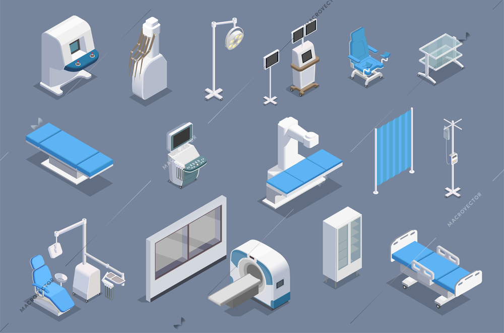 Medical equipment isometric set with isolated colourful images of therapeutic equipment units medical facilities and armamentarium vector illustration