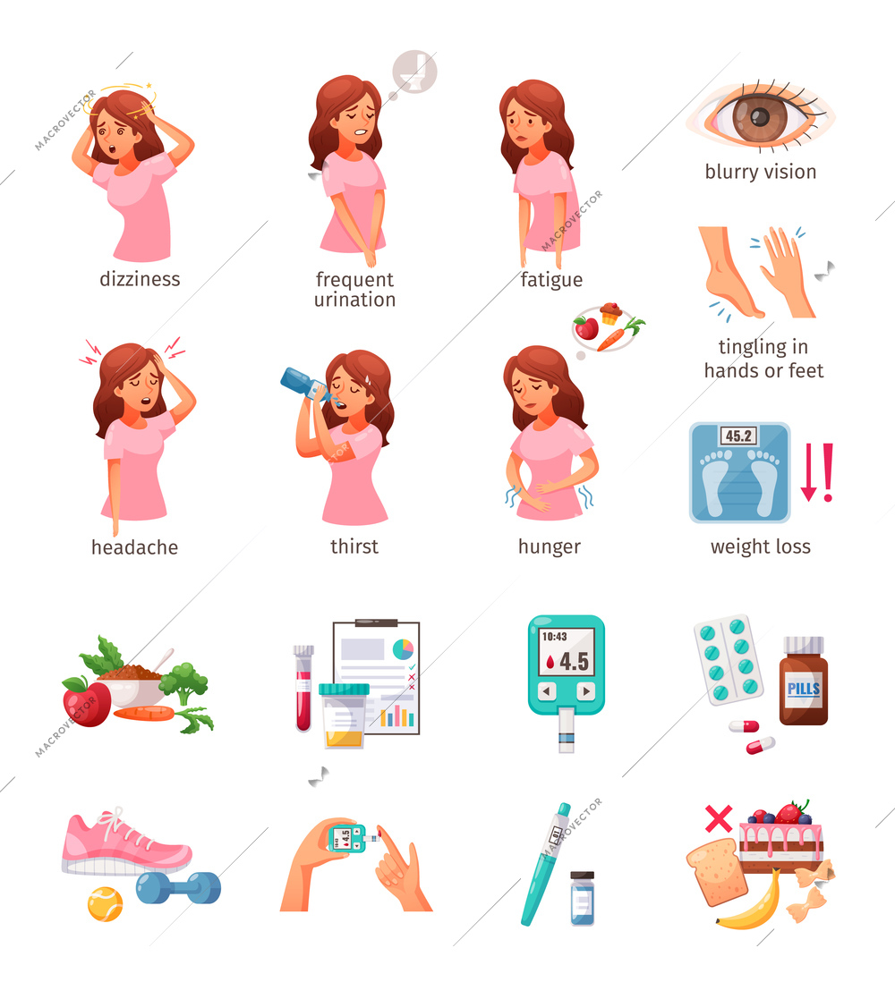 Cartoon icons set with woman who has diabetes symptoms medical tools food and objects for healthy lifestyle isolated on white background vector illustration