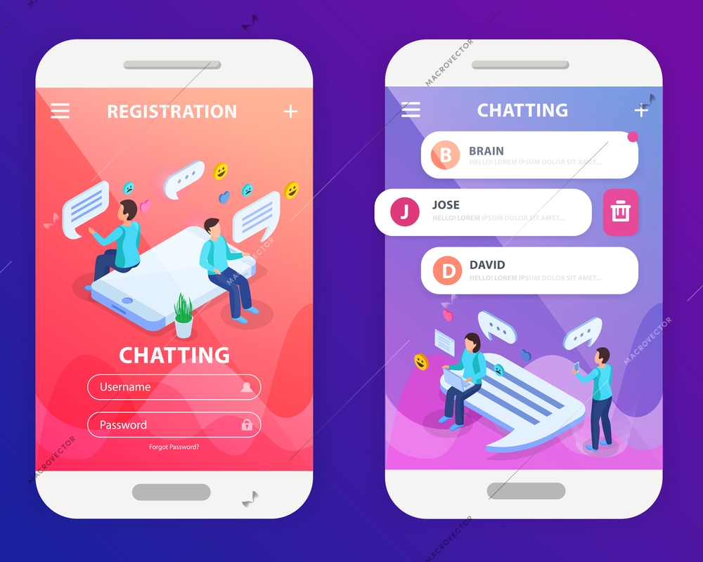 Chatting mobile app isometric composition with registration login and messaging people 2 smartphone screen images vector illustration