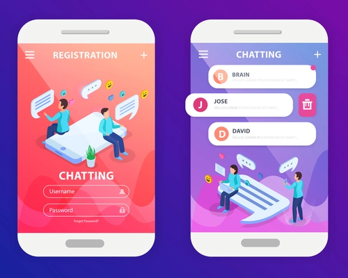 Chatting mobile app isometric composition with registration login and messaging people 2 smartphone screen images vector illustration