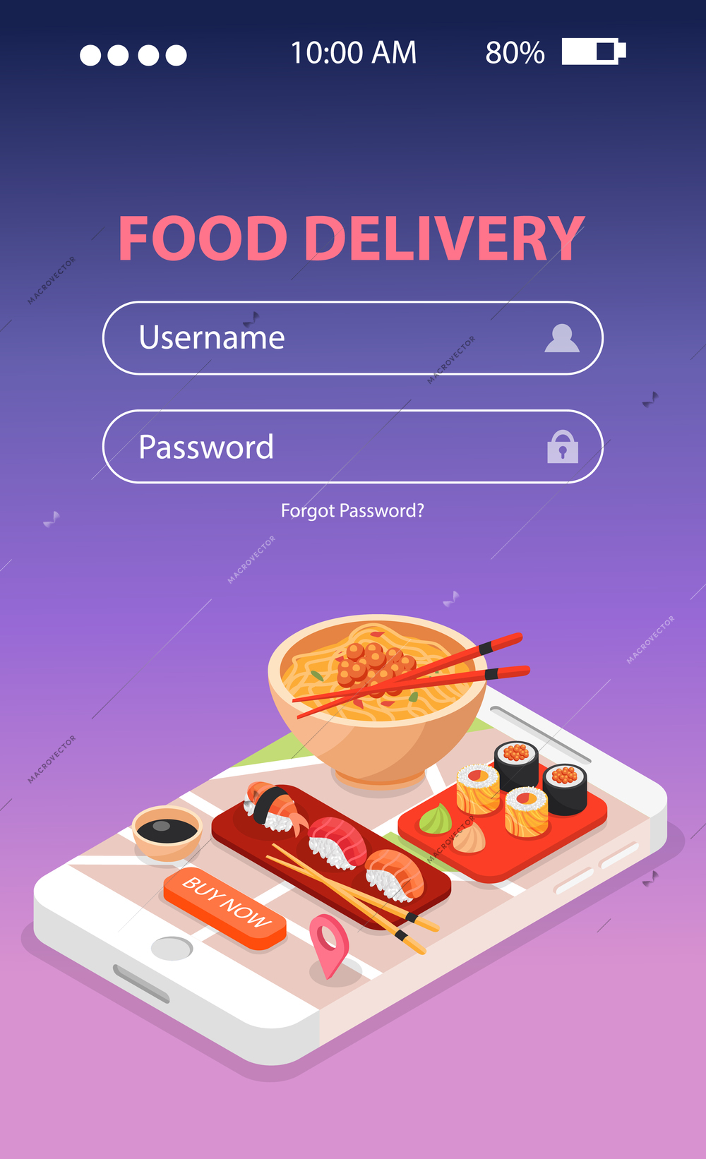 Japan food delivery online service isometric background composition with sushi and noodle soup on mobile screen vector illustration