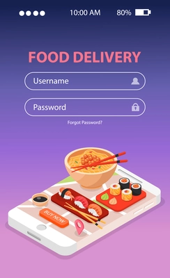 Japan food delivery online service isometric background composition with sushi and noodle soup on mobile screen vector illustration