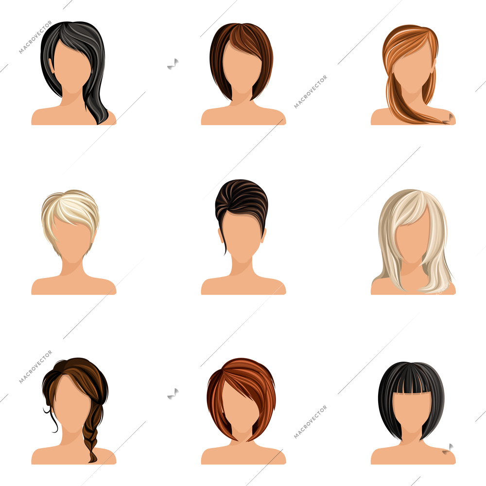 Young woman girl head avatars set with haircut styles isolated vector illustration