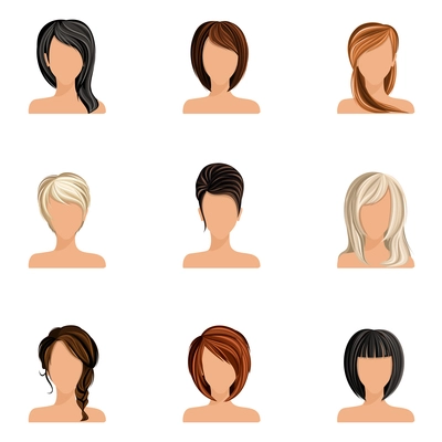 Young woman girl head avatars set with haircut styles isolated vector illustration