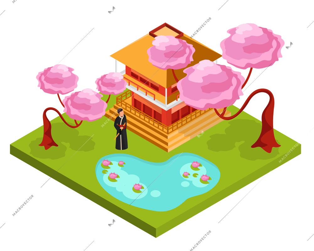 Japan culture traditional architecture religion isometric compositions with monk in front of temple under cherry blossom vector illustration