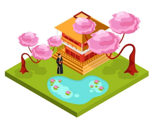 Japan culture traditional architecture religion isometric compositions with monk in front of temple under cherry blossom vector illustration