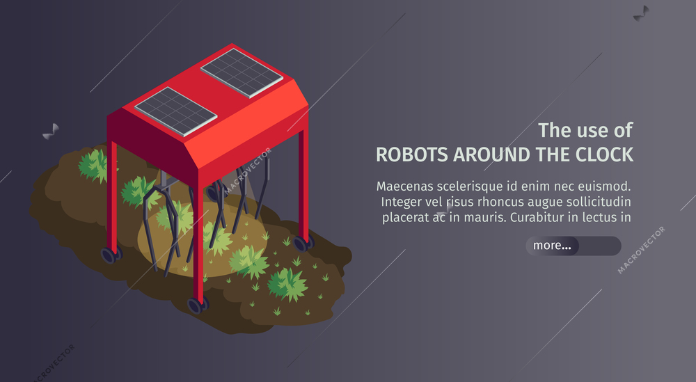 Isometric smart farm horizontal banner with image of robotic planting station editable text and slider button vector illustration