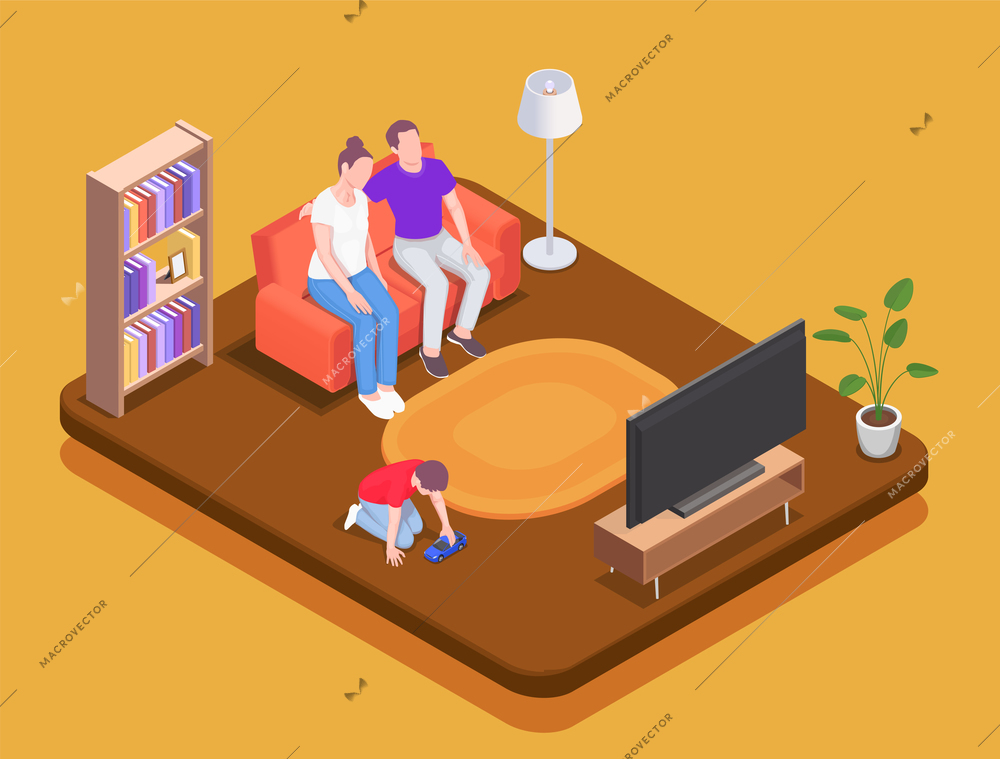 Family holidays isometric composition with indoor view of living room with parents watching tv and kid vector illustration