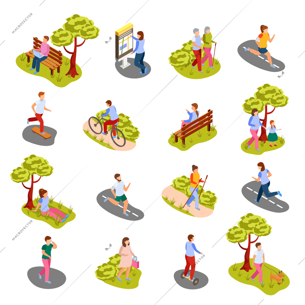 City people active living recreation activities isometric icons set with walking in park cycling jogging vector illustration