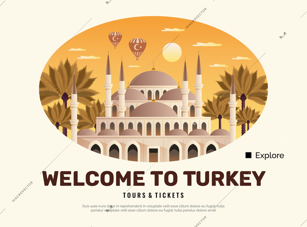 Turkey travel poster with tours and tickets symbols flat vector illustration