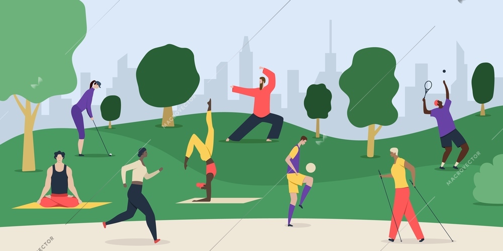 Healthy lifestyle park composition with cityscape and flat doodle style characters of people doing exercises outdoors vector illustration