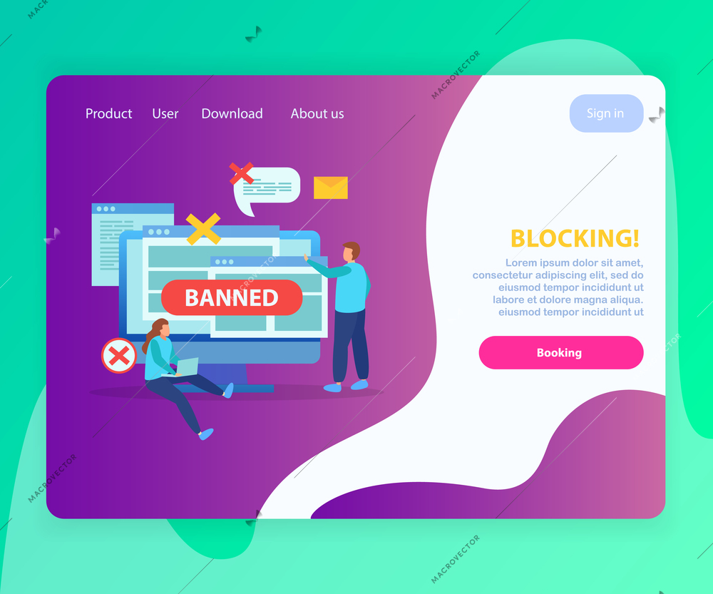 Internet website blocking abusive users ip addresses flat landing page with banned messages bubbles symbols vector illustration