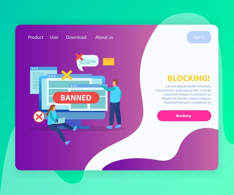 Internet website blocking abusive users ip addresses flat landing page with banned messages bubbles symbols vector illustration