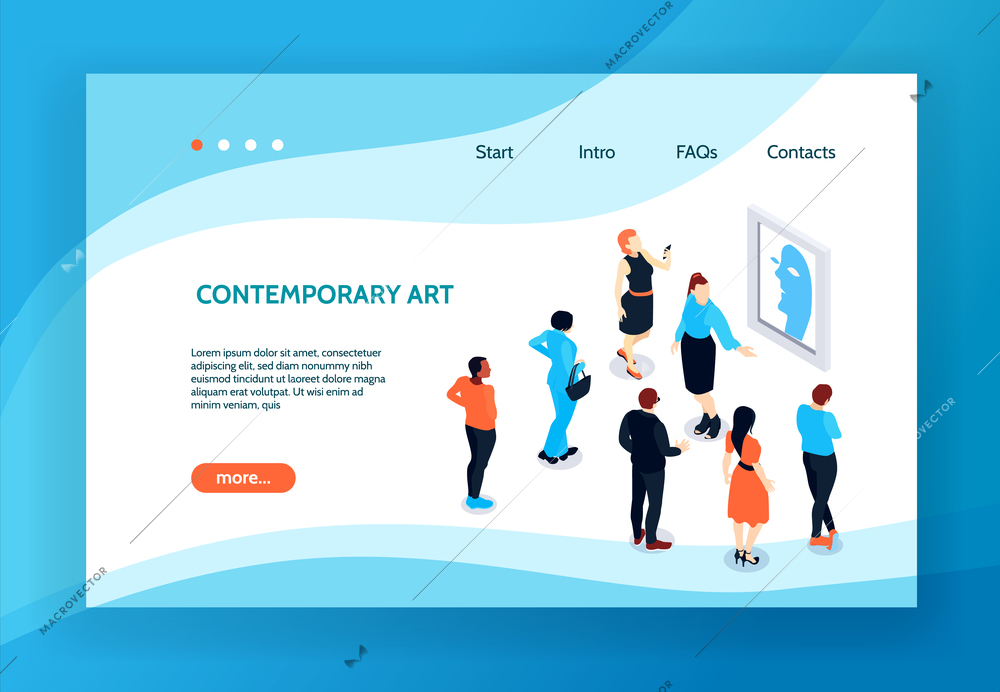 Isometric guide excursion concept banner web site landing page for gallery of contemporary art with links vector illustration