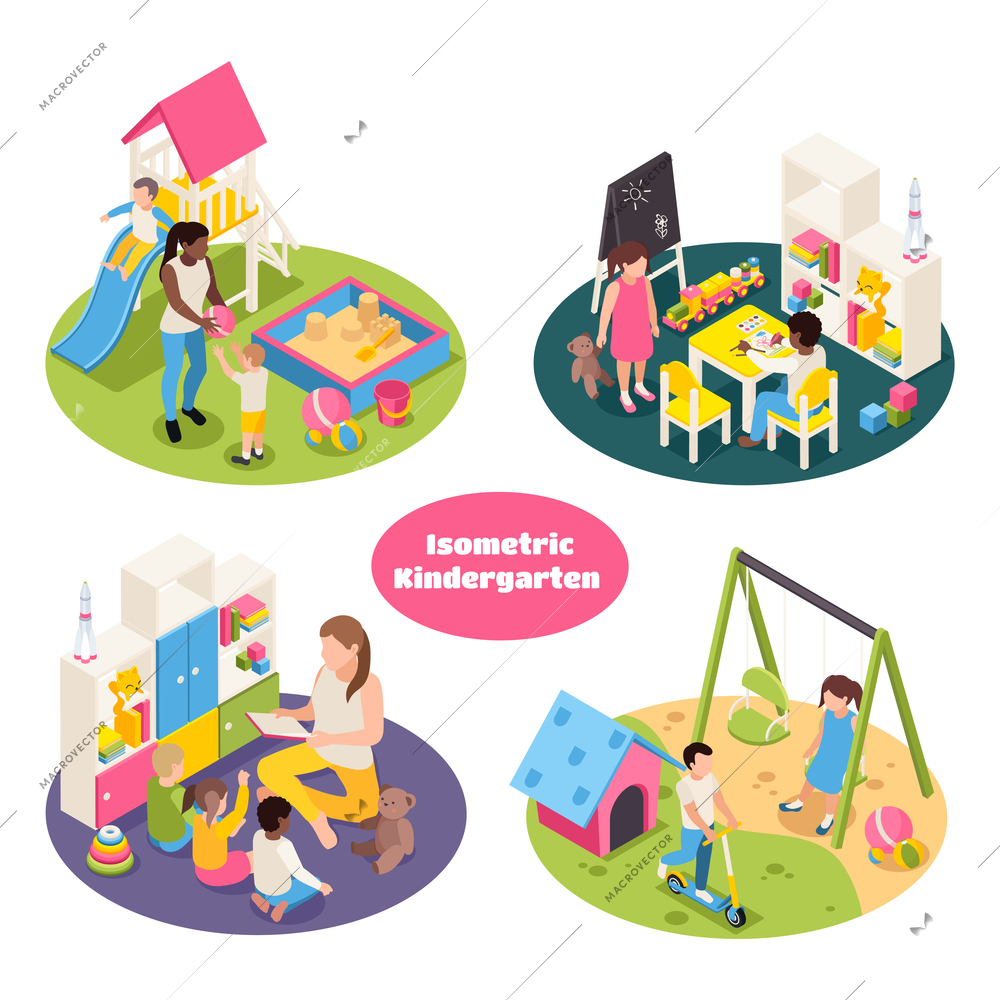 Set of four isolated kindergarten isometric round compositions with playground equipment toys and kids with teachers vector illustration