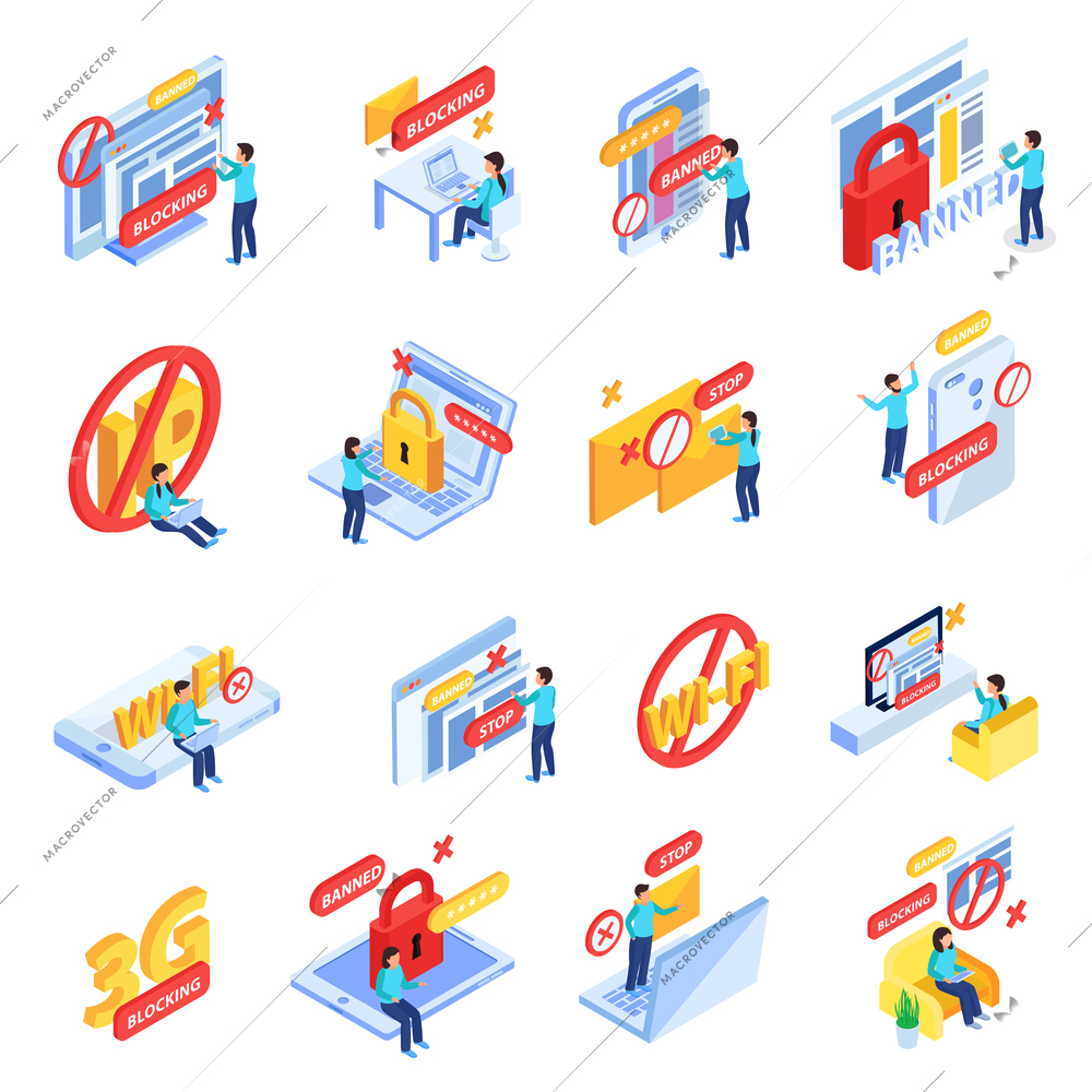 Blocking internet sites users online social networks members ip addresses symbols isometric icons collection isolated vector illustration