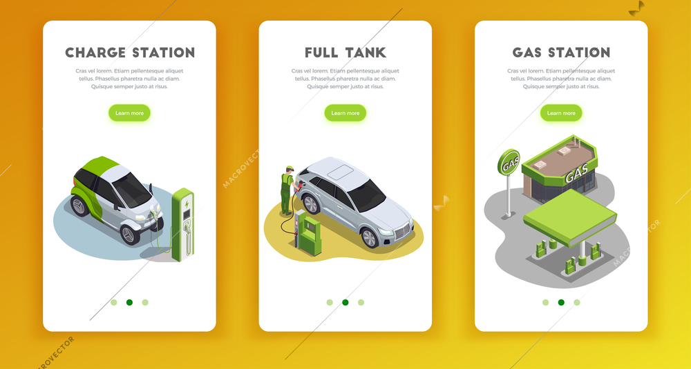 Gas station set of three vertical isometric banners with clickable learn more buttons text and images vector illustration
