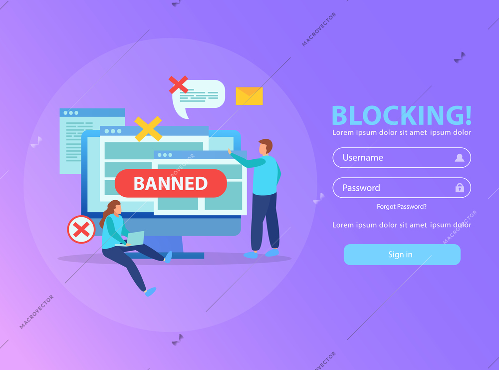 Blocking computer ip address from wifi network stopping abusive mails flat background composition with banned sign vector illustration