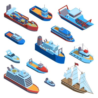 Isometric water transport set with isolated images of modern and vintage sea vessels on blank background vector illustration