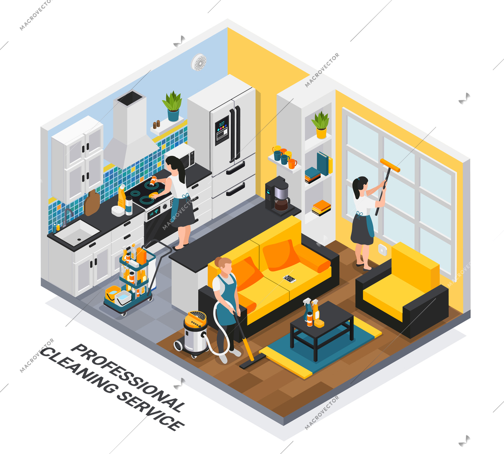 Professional cleaning service isometric composition with indoor view of private apartment being cleaned by workers group vector illustration