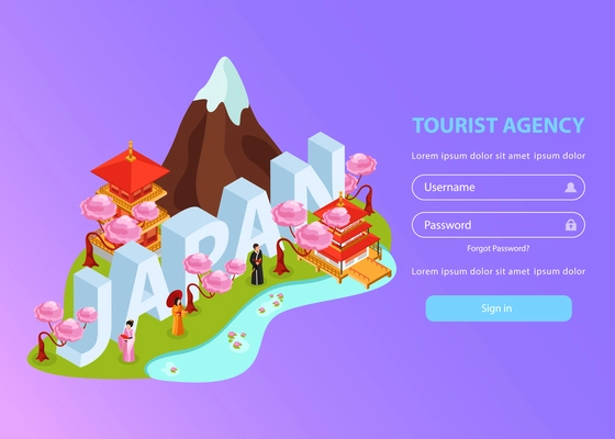 Japan asia custom journey creator tourists guide online travel agency isometric landing web page design vector illustration