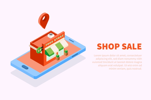 Isometric city buildings background with conceptual image of food store house on top of smartphone screen vector illustration