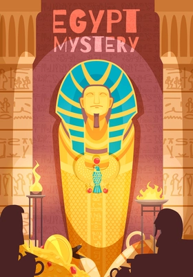 Ancient egyptian mummy mystery exhibit poster with grave goods golden amulets ritual fire deities silhouettes vector illustration