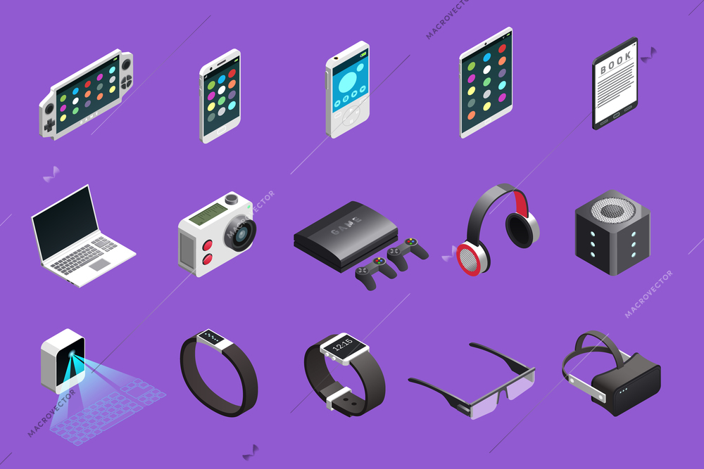 Gadgets isometric icon set with notebook smartphone smart watch playstation camera tablet and other technics vector illustration