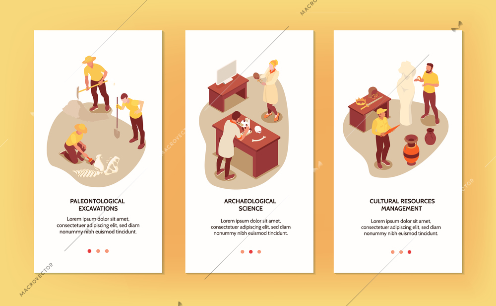 Three vertical archeology banners set with scientists extracting and researching ancient objects 3d isometric isolated vector illustration