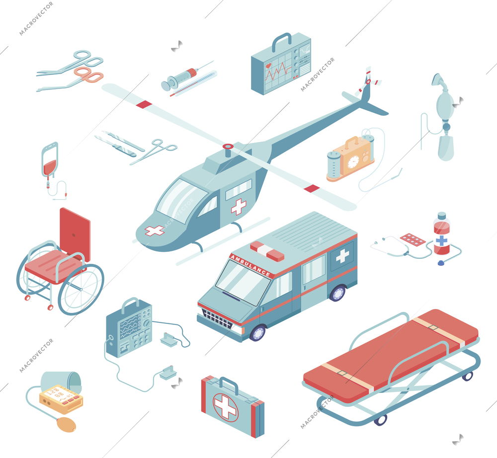 Ambulance isometric set with helicopter and special equipment isolated vector illustration