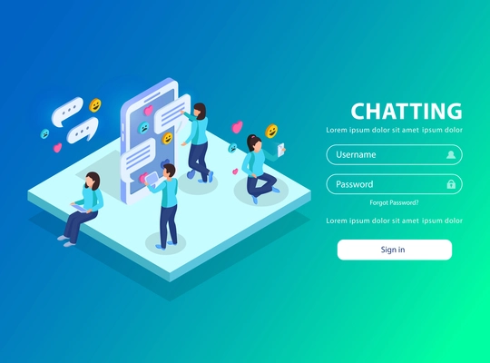 Isometric background with human characters emoticons messaging bubbles and authorization form with username password and text vector illustration