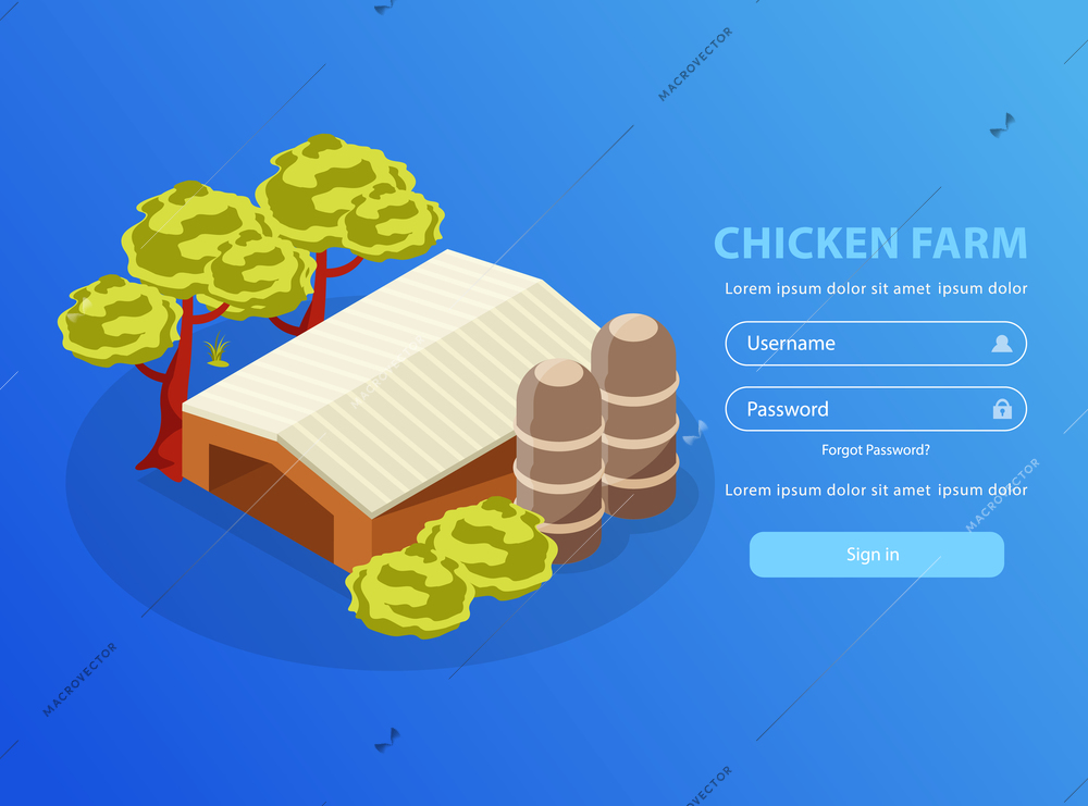 Chicken farm isometric background with image of barn building and empty fields for username and password vector illustration