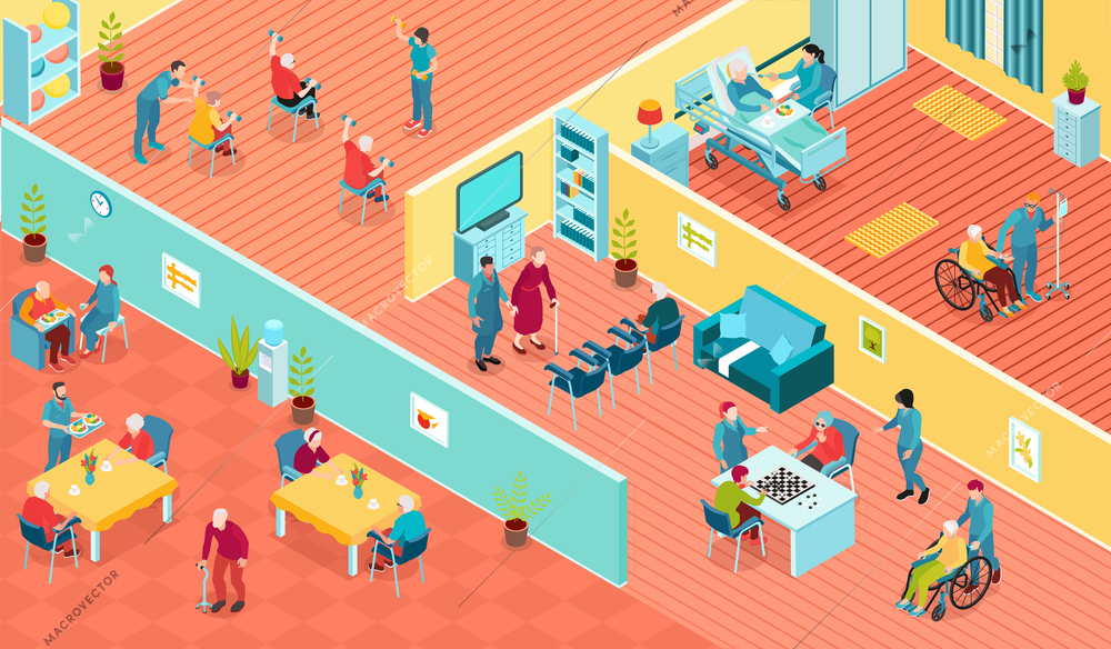 Nursing home rooms interior elderly and disabled residents and personnel 3d horizontal isometric vector illustration