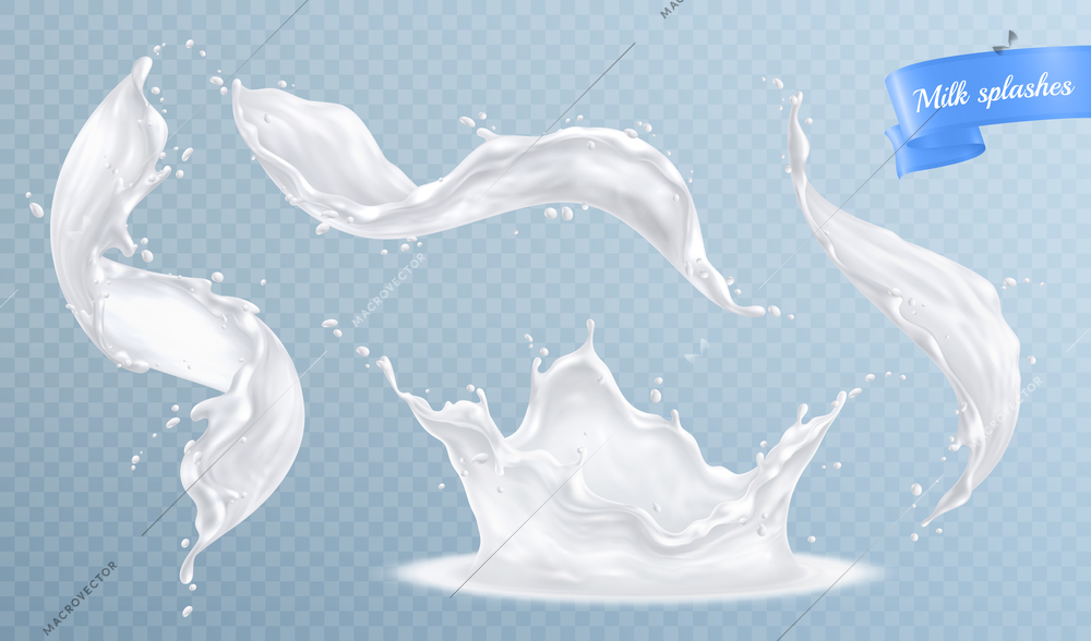 Milk splashes realistic set with isolated images of spluttering drops and white liquid on transparent background vector illustration