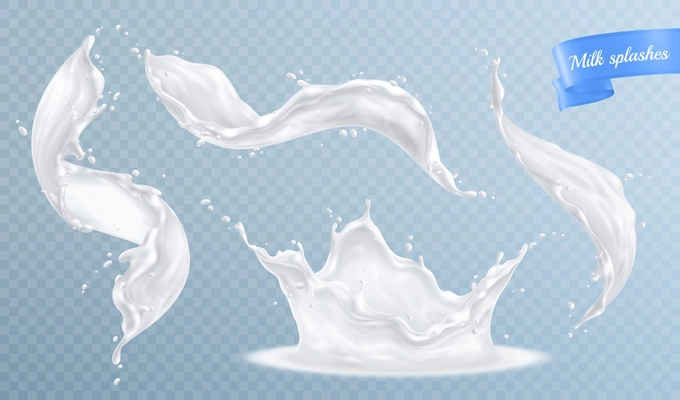 Milk splashes realistic set with isolated images of spluttering drops and white liquid on transparent background vector illustration
