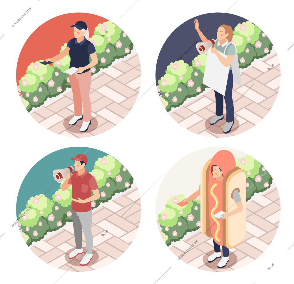 Street promoter 2x2 design concept set of people with loudspeaker advertising placards and flyers isometric vector illustration