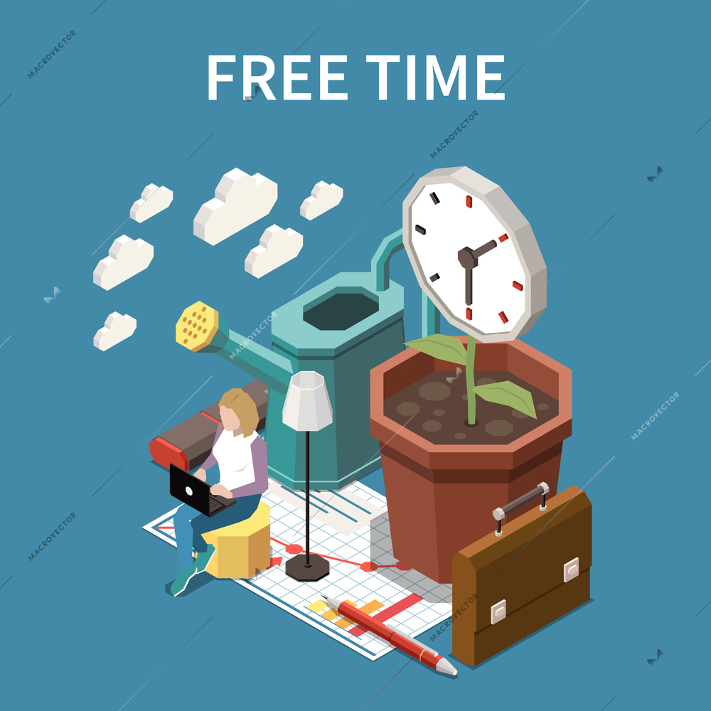 Free time concept with life balance symbols isometric vector illustration