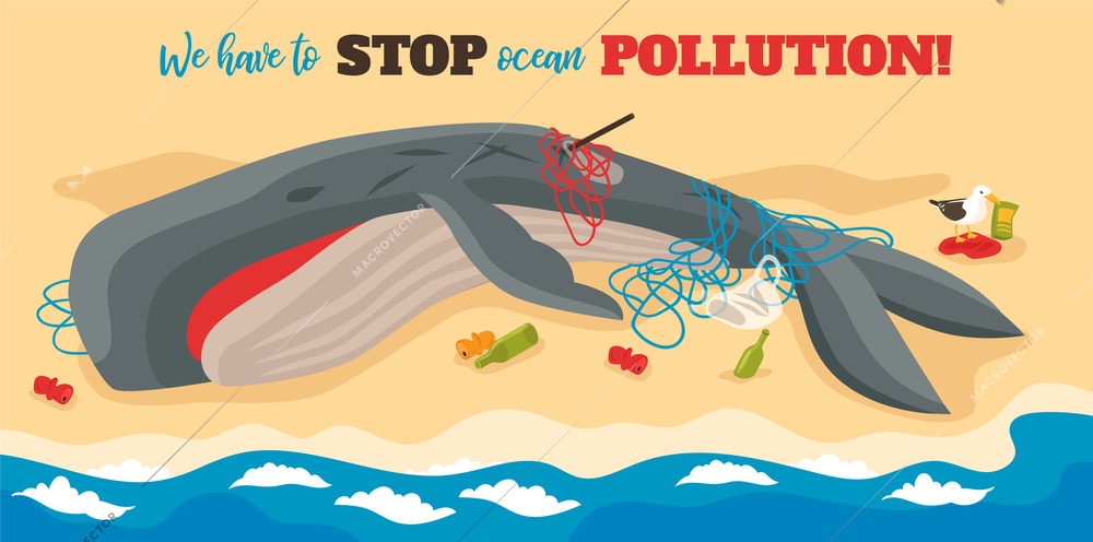 Ocean pollution isometric poster with big dying whale entangled in ropes lying on sea beach vector illustration