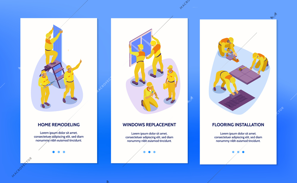 Isometric set of three vertical banners with home repair service workers isolated on blue background 3d vector illustration
