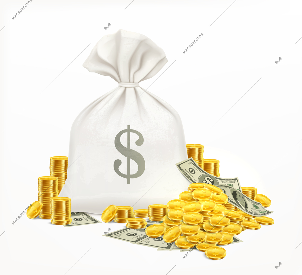 Sack money realistic composition with conceptual bag with dollar sign and money with coins and banknotes vector illustration