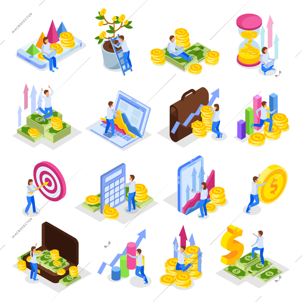 Investment isometric icons collection with sixteen isolated images infographic elements human characters and piles of coins vector illustration