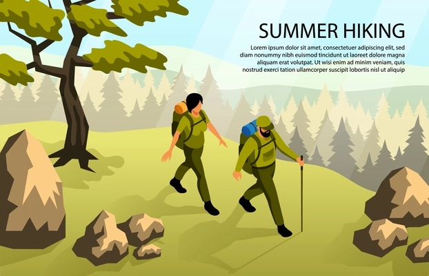 Man and woman doing camping walking in forest with backpacks 3d horizontal isometric illustration